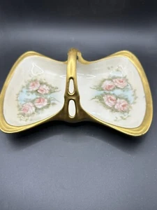Antique Coiffe Limoges France Candy Dish Trinket Tray Floral W/ Gold Handle - Picture 1 of 7