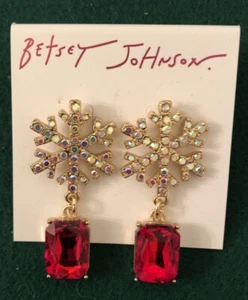 Betsey Johnson Gold Tone Holiday Snowflake Red Dangle Crystal Earrings- NEW - Picture 1 of 3