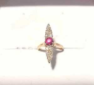 Vintage Ruby and Mine cut Diamond navette ring, 14ct rose gold. Size 4 - Picture 1 of 4
