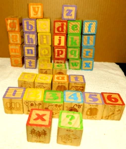 Playskool~Alphabet, Numbers, & Pictures Wooden Building Toy Playing Blocks 2013 - Picture 1 of 20