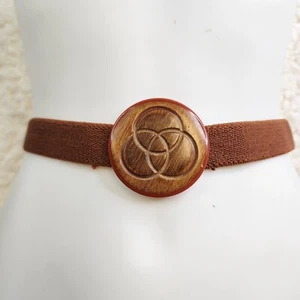 Vtg 80s Statement Belt Brown Wide Elastic Band Closure Buckle Wood Circle 25" - Picture 1 of 7