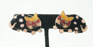 Vintage Kitty Cat Cloisonne Enamel Earrings Calico Torte White Black Orange - Picture 1 of 8