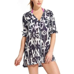 NWOT ATHLETA Ikat Bloom Swim Cover Up Shirt Dress, NAVY/WHITE SIZE L #227729 Y01 - Picture 1 of 7