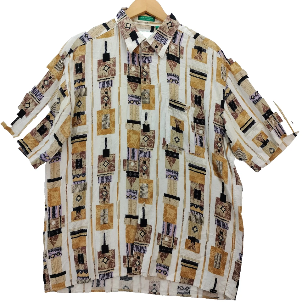 Camisa Carven Paris Para Hombres XL Marrón Mezcla de Lino Gráfico Azteca del Suroeste AOP Y2K Foto 1 de 4