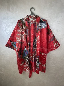 Rare Red Kimono Robe Made in Japan – Floral & Samurai Design - Picture 1 of 17