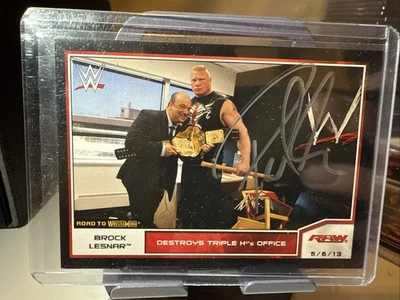 2014 Topps WWE BROCK LESNAR DESTROY TRIPLE H OFFICE ON CARD AUTO PAUL HEYMAN - Image 1 of 4