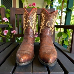 Vintage Brown Leather Cowboy Boots – Distressed Western – 10” Shaft – Ornate Sti - Picture 1 of 11