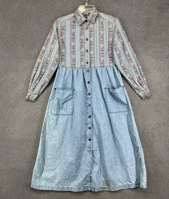 Vintage Lizwear Dress Womens Petite P Blue Denim Floral country cottage 90s - Image 1 of 4