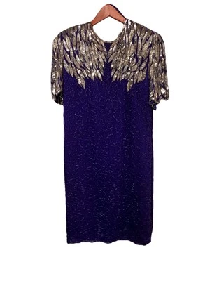 复古正式亮片丝绸串珠连衣裙 Stenay 80 年代魅力扇贝袖 14 — 第 1/4 张图片