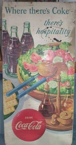 1950 COCA COLA "Where there's Coke there's hospitality cardboard sign 45" x 22" - Bild 1 von 15