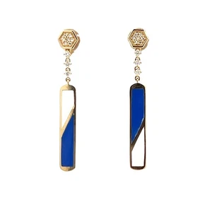 Royal Blue & White enamel 14k Y gold Natural Diamond post dangle earrings NEW - Picture 1 of 7