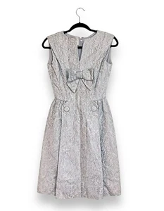 Vintage 1950s Pat Sandler Icy Blue Silver Brocade Bow Cocktail Party Dress XS - Picture 1 of 1