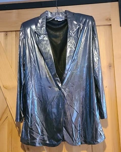 Blazer vintage argento blu donna M lucido liquido metallizzato giacca Maineframe USA - Foto 1 di 14