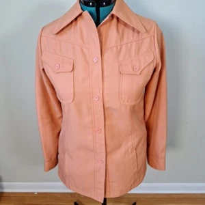 Vtg 70s Coral Orange Fat Butterfly Collar Button Up Shirt Shacket Women Size M/L - Picture 1 of 7