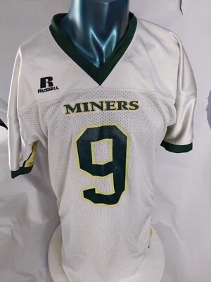 Football Jersey Size L Pro Cut Russell Athletic 9 White Green Miners  - Image 1 of 4