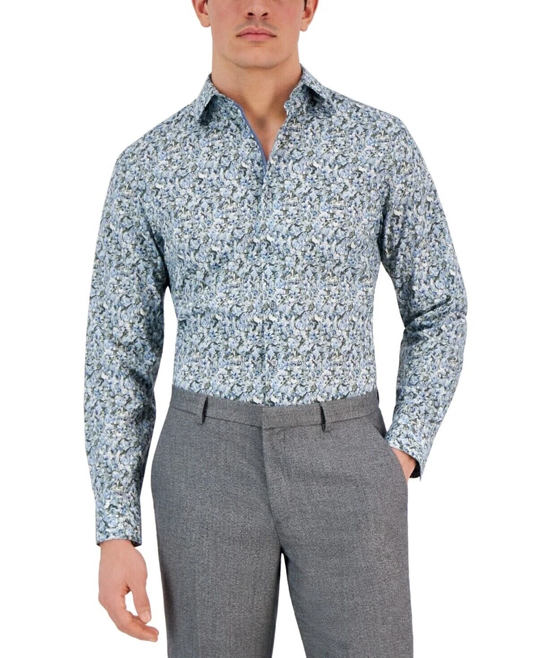 Camisa social masculina Bar Iii Arte slim fit estampa floral verde oliva azul pequena* - Imagem 1 de 1