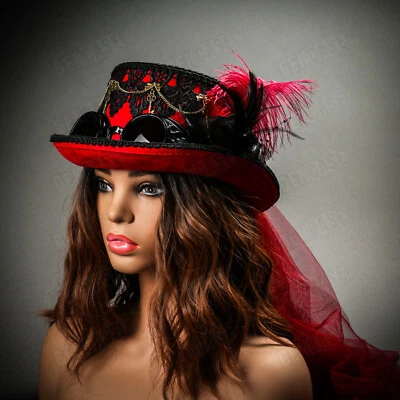 RED Steampunk Burning Man Women Top Hat with Goggles and Lace Party Head Gear - Image 1 of 4