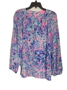 Lilly Pulitzer Blouse Women’s  XL 100% Silk ELSA Top Multicolor Palm Print EUC - Picture 1 of 7