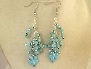 3" Drop Dangle Earrings Acrylic Blue Flowers & Beads Silver Tone Accents & Wires - Picture 1 of 3
