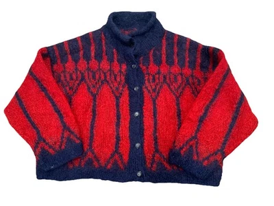 Cárdigan Mohair Gráfico Vintage Hecho a Mano Rojo Azul Marino Patrón Tejido a Mano  Foto 1 de 4
