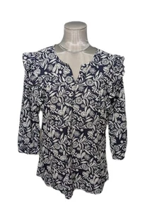 Liza Byrd Navy Floral Ruffled Shoulders 3/4 Sleeve Blouse Size Medium - Picture 1 of 13