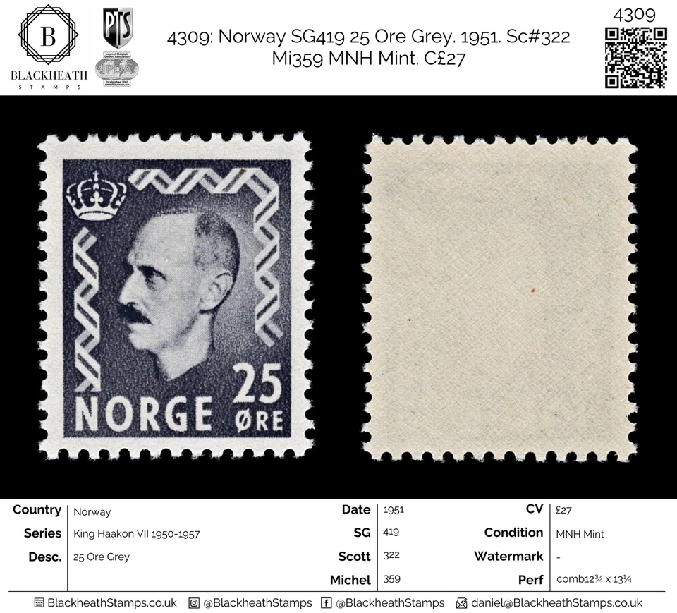 4309 Norway SG419 25 Ore Grey. 1951. Sc#322 Mi359 MNH Mint. C£27 — 第 1/4 张图片