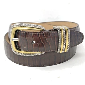 Brighton Croc Embossed Leather Belt Womens M/30 Brown USA Silver Gold Buckle - Picture 1 of 11