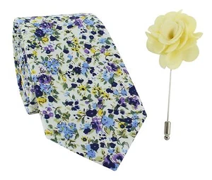 Michelsons of London Yellow Flower Cotton Tie & Lapel Pin Set - Picture 1 of 5