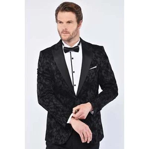 Mens Florence Tailored Slim Fit Velvet Pattern Wedding Dinner Blazer - Black - Picture 1 of 4