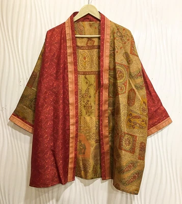 Jaqueta cardigã curta de seda pura quimono espanador capa roupão solto marrom KMS3732 - Imagem 1 de 4