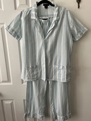 J. Crew Women's Size M LT Blue & White Striped Short Sleeve 100% Cotton PJ Set - Image 1 of 4
