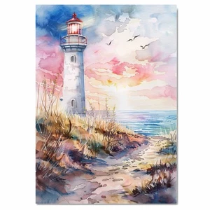 Watercolor Painting of Lighthouse Overlooking Ocean at Sunset Canvas Wall Art - Picture 1 of 19
