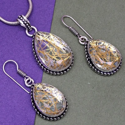 Conjunto de pendientes de oro rutilo joyería 18-20"" colgante cuarzo esterlina Foto 1 de 4