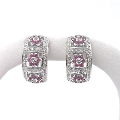 Pendientes Omega Oro Blanco 18k Diamante Natural Zafiro Rosa Flor Trasero Nuevos Foto 1 de 4