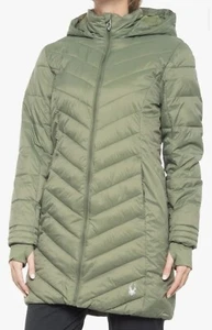 Spyder Women’s Boundless Long Puffer Coat Color Sage Green Parka Hooded Sz SP - Picture 1 of 21