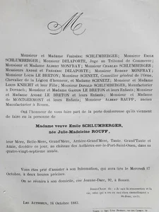 SCHLUMBERGER Rouff FAIRE PART Delaporte Monfray SCHNETZ Raupp LES AUTHIEUX 1883 - Imagen 1 de 2