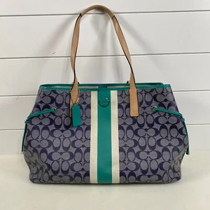 Coach F23049 PVC Stripe Shoulder Bag Tote Crosshatch Leather - Picture 1 of 20