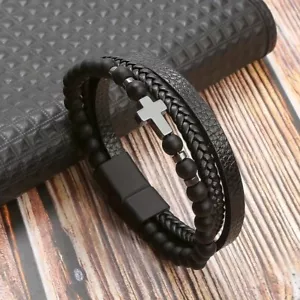 Mens Black PU Leather Layered Cross Christian Braided Bracelet Wristband Bangle - Picture 1 of 5