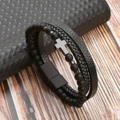 Mens Black PU Leather Layered Cross Christian Braided Bracelet Wristband Bangle - Image 1 of 4