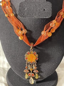 Anhänger Halskette Orange Gelb Kristall Kupfer Farbe Band Statement - Bild 1 von 8