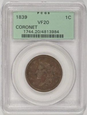 1839 Coronet Head Large Cent 1c PCGS VF20 Green Label 4813984 - Image 1 of 4