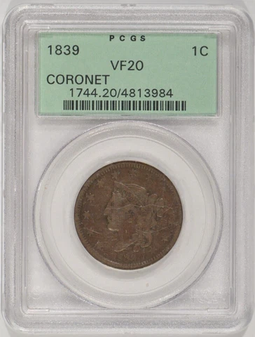 1839 Coronet Head Large Cent 1c PCGS VF20 Green Label 4813984 Cover