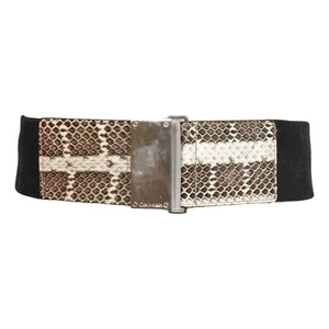 CALVIN KLEIN Black Stretch Snakeskin Leather Accent Logo Wide Belt M/L - Picture 1 of 6