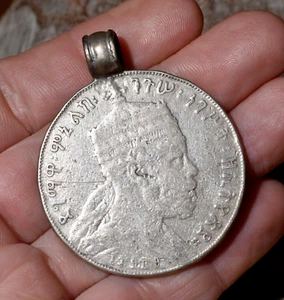 Antigua moneda de plata emperador Menelik II medallón colgante etíope, Etiopía - Imagen 1 de 3