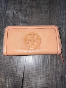 Tory Burch Amanda Zip Around Continental Salmon Wallet Brown Gold Hardward Used - Picture 1 of 7