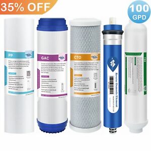 5 Stage Reverse Osmosis System Water Filter with 100GPD RO Membrane 5-Pack Set
