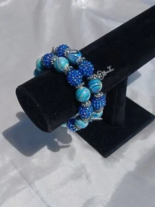 Blue & Silver Acrylic Bead Elastic Charm Bracelets - Picture 1 of 6