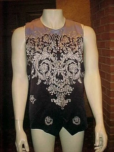VINTAGE MENS MONZINI GREEK SILK VEST BLACK & SILVER & LIGHT BLUE SIZE XLRG. - Picture 1 of 8