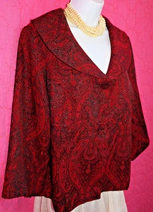 elementz Red Black Light Brocade Crop Jacket Sz L Back Pleat 3/4 Sleeve Lined - Picture 1 of 4