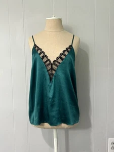 Worn Once LIVY Pamure Small Satin Camisole Top emerald green & Black Lace & Silk - Picture 1 of 8